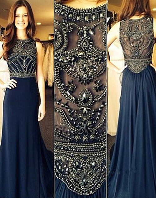navy beaded evening gown