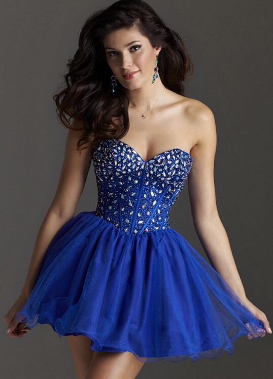 A Line Royal Blue Rhinestone Beaded Cocktail Dress Party Dress With
